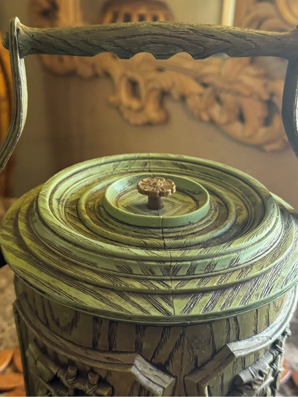 Vintage MCM Grape Ice Bucket – Avocado Green Faux Woodgrain Barware